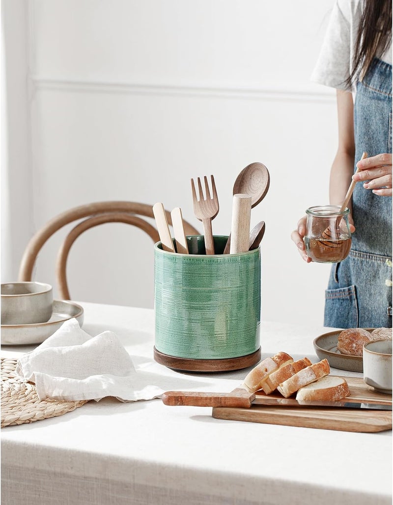 MIKIGEY Utensil Holder, 360° Rotating Extra Large Ceramic Kitchen Utensil Holder for Countertop, 7.3“ Cooking Utensil Crocks for Kitchen Counter with Rotatable Wooden Base, Farmhouse Decor, Forest Green - Image 4